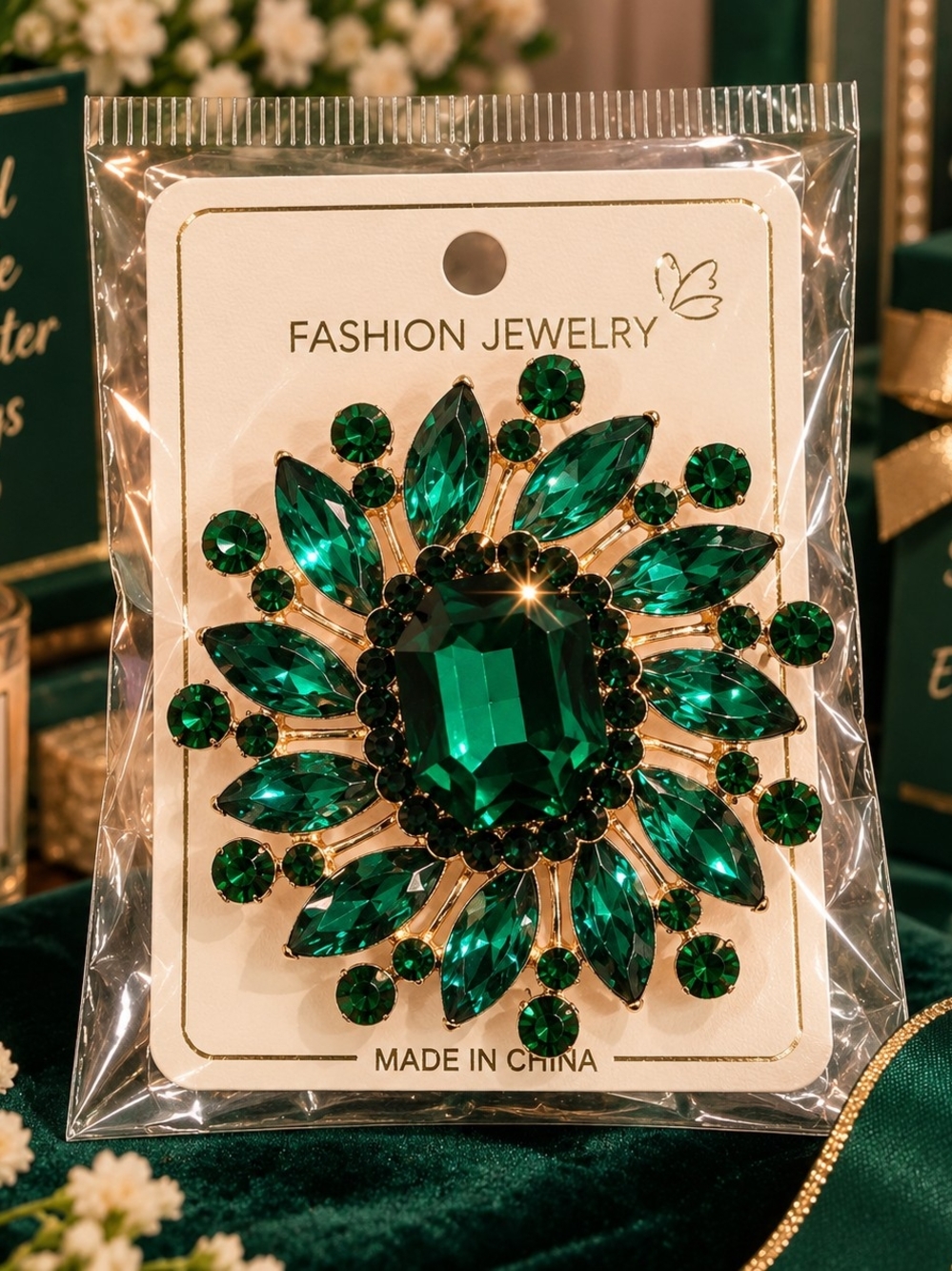 Fashion Jewelry Emerald Green Crystal Sunburst Brooch